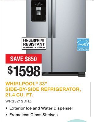 Whirlpool® 33 side-by-side refrigerator, 21.4 cu. ft.