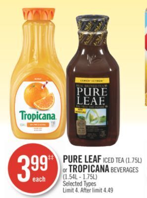Shoppers Drug Mart Pure leaf iced tea (1.75l) or tropicana beverages (1.54l - 1.75l) offer