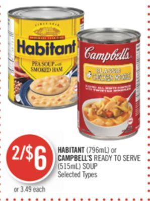 Shoppers Drug Mart Habitant (796ml) or campbell's ready to serve (515ml) soup offer