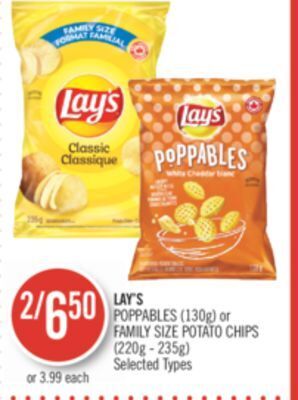 Shoppers Drug Mart Lay's poppables (130g) or family size potato chips (220g - 235g) offer