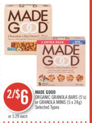Shoppers Drug Mart Made good organic granola bars (5's) or granola minis (5 x 24g) offer