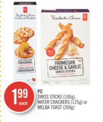 Shoppers Drug Mart Pc swiss sticks (100g), water crackers (125g) or melba toast (200g) offer