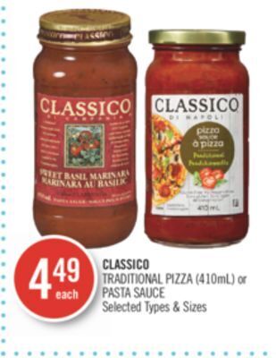 Shoppers Drug Mart Classico traditional pizza (410ml) or pasta sauce offer