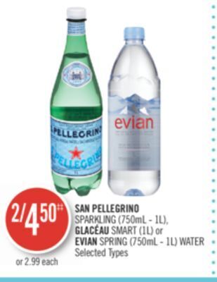 Shoppers Drug Mart San pellegrino sparkling (750ml - 1l), glacéau smart (1l) or evian spring (750ml - 1l) water offer
