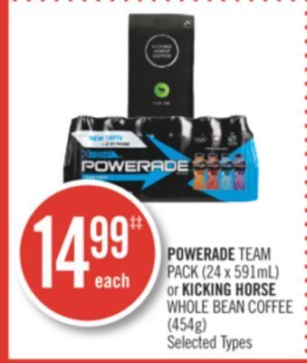 Shoppers Drug Mart Powerade team pack (24 x 591ml) or kicking horse whole bean coffee (454g) offer
