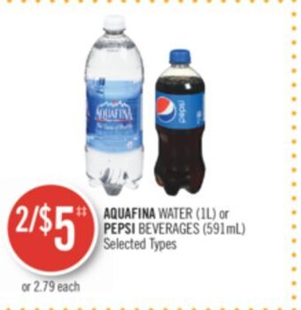 Shoppers Drug Mart Aquafina water (1l) or pepsi beverages (591ml) offer