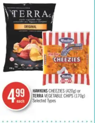 Shoppers Drug Mart Hawkins cheezies (420g) or terra vegetable chips (170g) offer