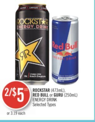 Shoppers Drug Mart Rockstar (473ml), red bull or guru (250ml) energy drink offer