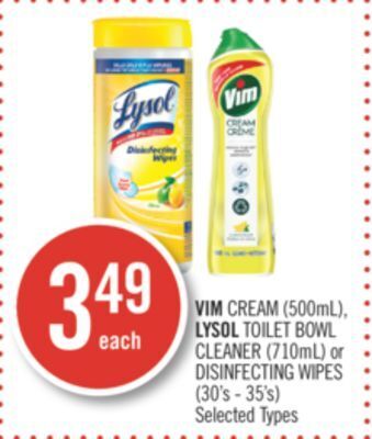 Shoppers Drug Mart Vim cream (500ml), lysol toilet bowl cleaner (710ml) or disinfecting wipes (30's - 35's) offer