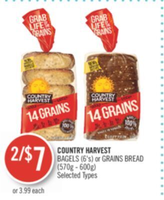 Shoppers Drug Mart Country harvest bagels (6's) or grains bread (570g - 600g) offer
