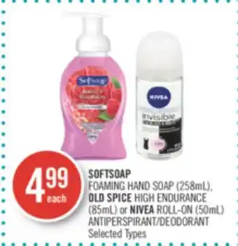 Shoppers Drug Mart Softsoap foaming hand soap (258ml), old spice high endurance (85ml) or nivea roll-on (50ml) antiperspirant/deodorant offer