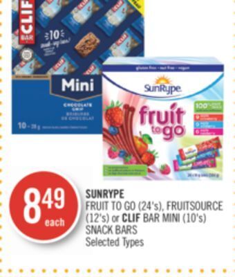 Shoppers Drug Mart Sunrype fruit to go (24's), fruitsource (12's) or clif bar mini (10's) snack bars offer