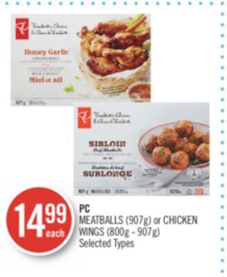 Shoppers Drug Mart Pc meatballs (907g) or chicken wings (800g - 907g) offer