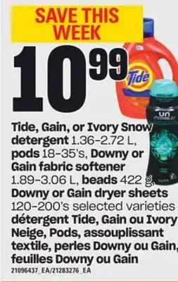 Independent City Market Détergent tide, gain ou ivory neige, pods, assouplissant textile, perles downy ou gain, feuilles downy ou gain offer