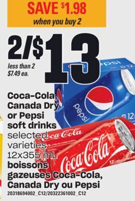 Independent City Market Boissons gazeuses coca-cola, canada dry ou pepsi, 12x355 ml offer
