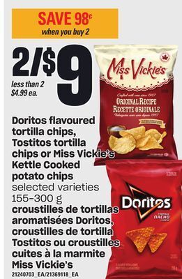 Independent City Market Croustilles de tortillas aromatisées doritos, croustilles de tortilla tostitos ou croustilles cuites à la marmite miss vickie offer