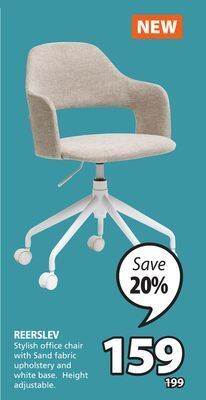 JYSK Reerslev stylish office chair with sand fabric upholstery and white base offer