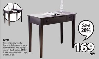 JYSK Ditte contemporary vanity features 2 drawers, storage compartment and flip-up mirror offer
