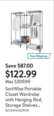 Walmart Sortwise portable closet wardrobe with hanging rod, storage shelves and freestanding clothes rack organizers -max load 396lbs offer