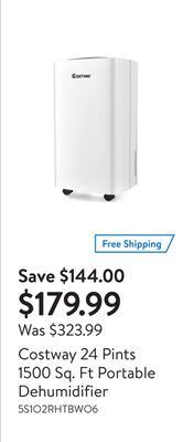 Walmart Costway 24 pints 1500 sq. ft portable dehumidifier offer