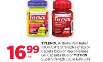 Rexall Tylenol arthritis pain relief 100's, extra strength eztabs or caplets 150' s or rapid release gel capsules 80' s or motrin su offer