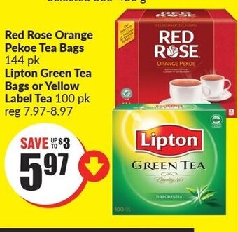 FreshCo Red Rose Orange Pekoe Tea Bags 144 pk Lipton Green Tea Bags or Yellow Label Tea 100 pk offer