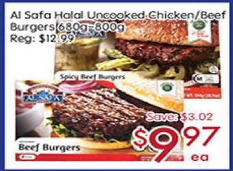 Sunny Food Mart Al safa halal uncooked chicken/beef burgers offer