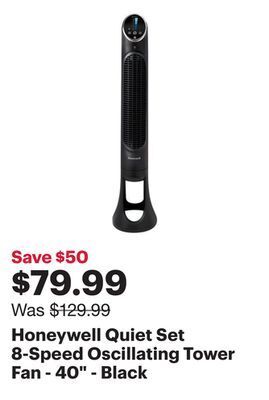 Best Buy Honeywell quiet set 8-speed oscillating tower fan - 40 - black offer