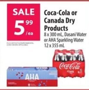 Co-op Coca-Cola or Canada Dry Products 8 x 300 ml, Dasani Water or AHA Sparkling Water 12 x 355 mL offer