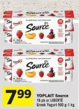 Foodland YOPLAIT Source 16 pk or LIBERTÉ Greek Yogurt 900 g - 1 kg offer