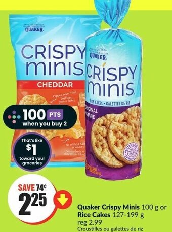 FreshCo Quaker Crispy Minis 100 g or Rice Cakes 127-199 g offer