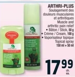 Jean Coutu ARTHRI-PLUS Muscle and arthritic pain relief , Stick, 50 g Cream 100 g , Topical spray 150 mL + 50 mL offer