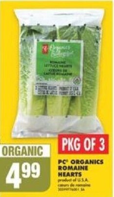 No Frills PC ORGANICS ROMAINE HEARTS PKG OF 3 offer