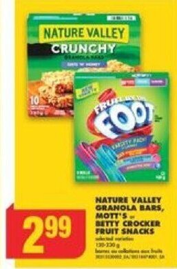 No Frills NATURE VALLEY GRANOLA BARS, MOTT'S or BETTY CROCKER FRUIT SNACKS offer