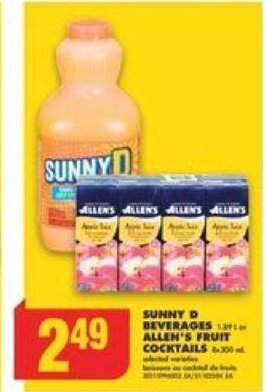 No Frills SUNNY D BEVERAGES or ALLEN'S FRUIT COCKTAILS 8 x 300 mL offer