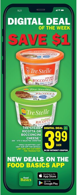 Food Basics TRE STELLE RICOTTA OR BOCCONCINI CHEESE offer