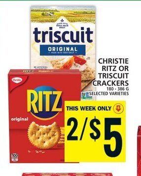 Food Basics CHRISTIE RITZ OR TRISCUIT CRACKERS 180-386 G offer