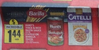 Food Basics HUNT'S THICK & RICH PASTA SAUCE CATELLI OR BARILLA PASTA offer
