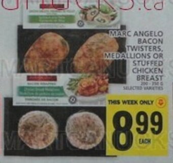 Food Basics MARC ANGELO BACON TWISTERS, MEDALLIONS OR STUFFED CHICKEN BREAST offer