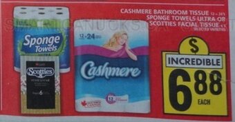 Food Basics CASHMERE BATHROOM TISSUE, SPONGE TOWELS ULTRA OR SCOTTIES FACIAL TISSUES offer