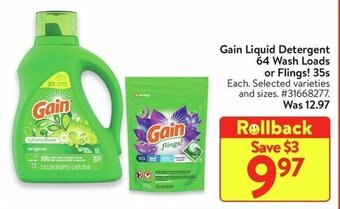 Walmart Gain Liquid Detergent 64 Wash Loads or Flings! 35s offer