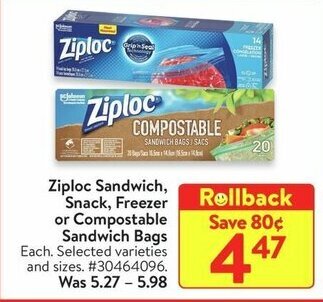 Walmart Ziploc Sandwich, Snack, Freezer or Compostable Sandwich Bags offer