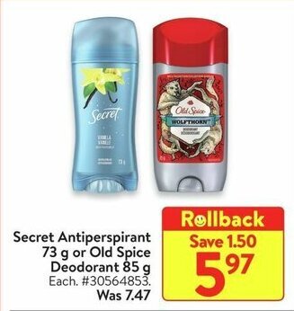 Walmart Secret Antiperspirant or Old Spice Deodorant offer