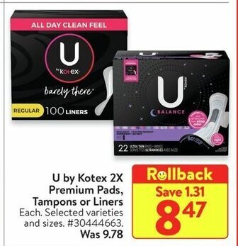 Walmart U by Kotex 2X Premium Pads, Tampons or Liners offer