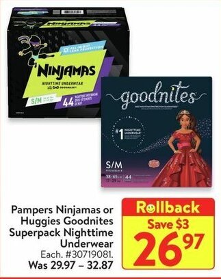 Walmart Pampers Ninjamas or Huggies Goodnites Superpack Nighttime Underwear offer