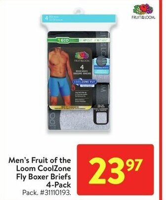 Walmart Men's Fruit of the Loom CoolZone Fly Boxer Briefs offer