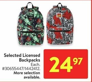 Walmart Selected Licensed Backpacks offer