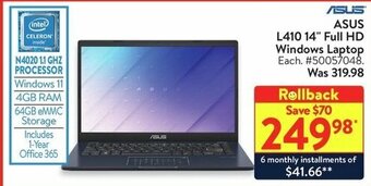 Walmart ASUS L410 14" Full HD Windows Laptop offer