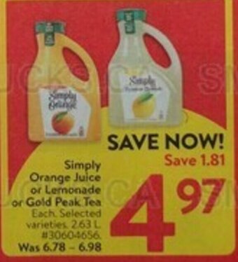 Walmart Simply Orange Juice or Lemonade or Gold Peak Tea offer
