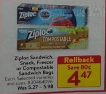 Walmart Ziploc Sandwich, Snack, Freezer or Compostable Sandwich Bags offer